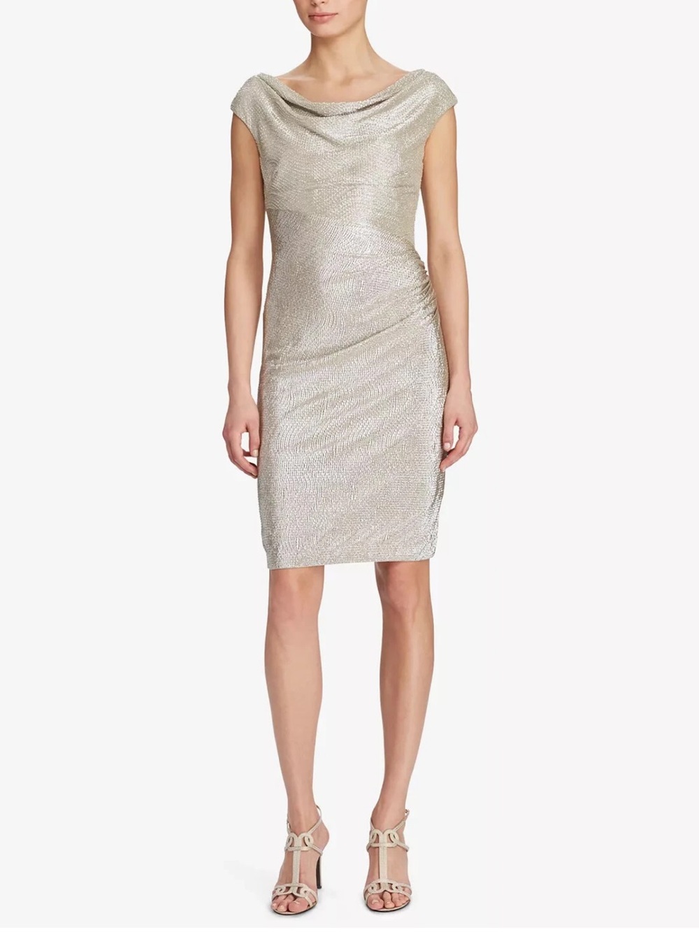 Lauren Ralph Lauren Metallic Silver Sheath Dress with Drape Neck